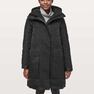 Lululemon Out In‎ The Elements Parka Women’s 4 Black Hooded Long Jacket No INNER